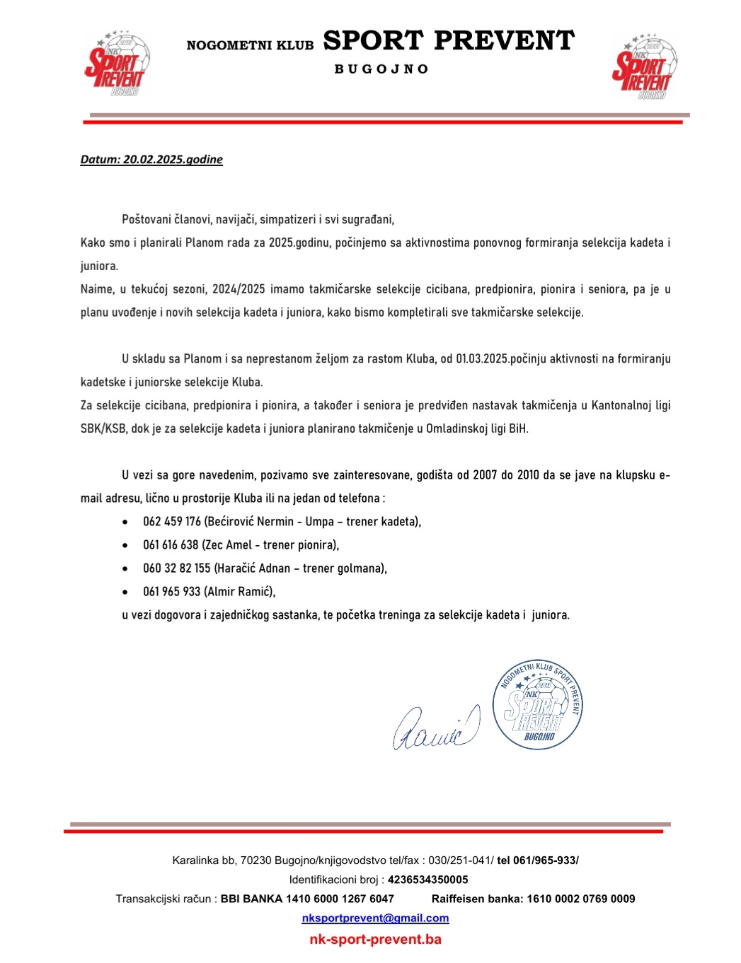 Formiranje U17 i U19 selekcija